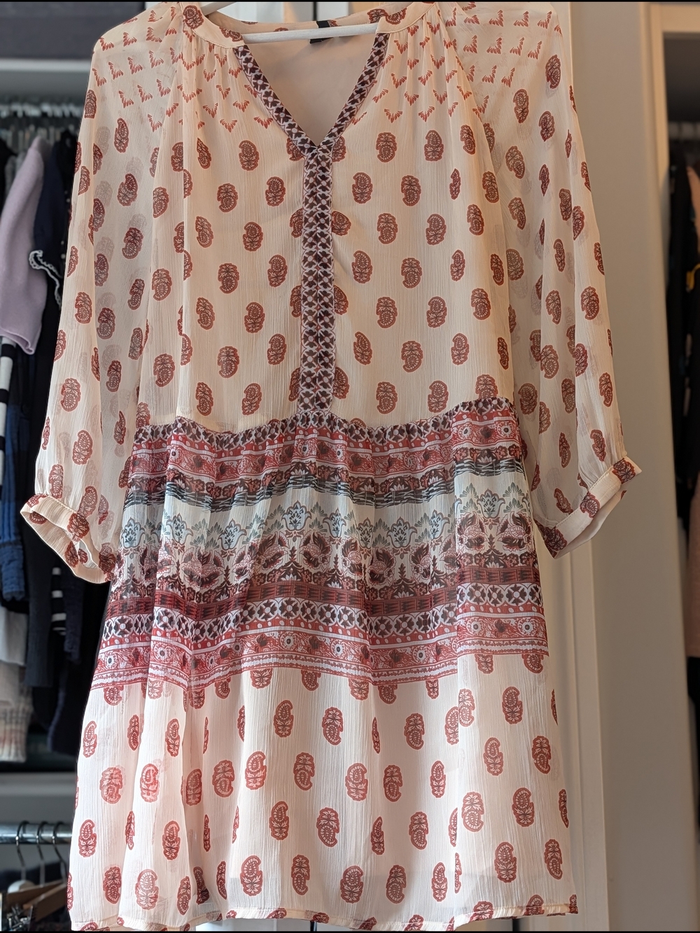 Vero Moda Cream Dress with Rust Paisley and Multi-Stripe Border